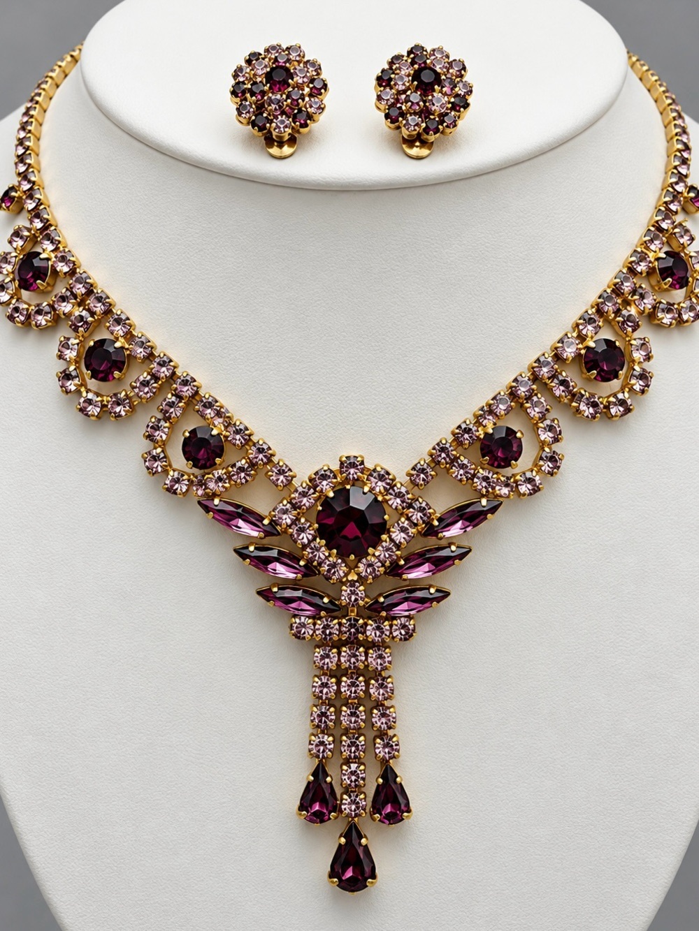 Vintage Purple Rhinestone  Statement Necklace & Earring Set